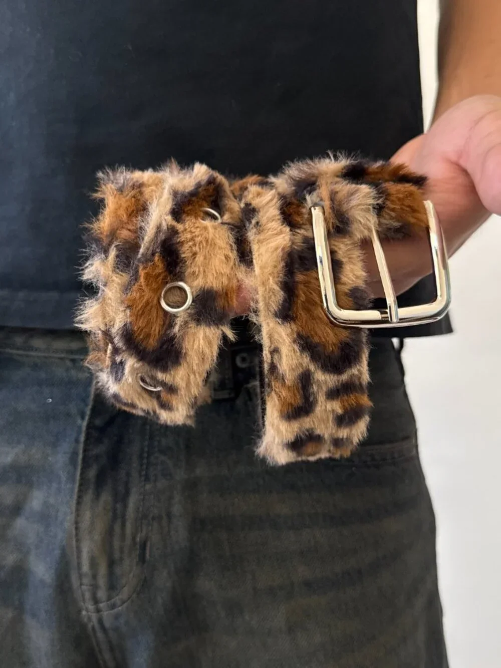 Plush Leopard Faux Fur Silver Buckle Belt